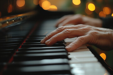 Hands skillfully playing piano keys with warm, soft lighting creating a cozy atmosphere