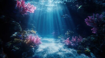 Obraz premium A vibrant underwater coral reef showcasing colorful coral formations and marine life, illuminated by sunlight filtering through the water. Perfect for nature lovers.