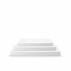 White pedestal with white stairs on white background. White podium.	