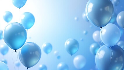 Multiple blue air balloons floating gracefully in a minimalist blue studio, celebrating happiness and joy with pastel-colored