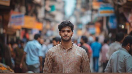 Fototapeta premium Indian male model wearing a kurta, standing on a bustling street in Mumbai, with a vibrant city background
