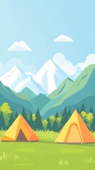 Two orange tents pitched in a mountain meadow.