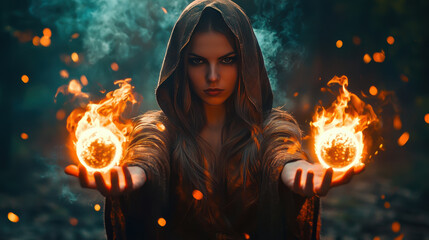 Enchanting woman in hooded cloak conjuring fireballs, mystical atmosphere