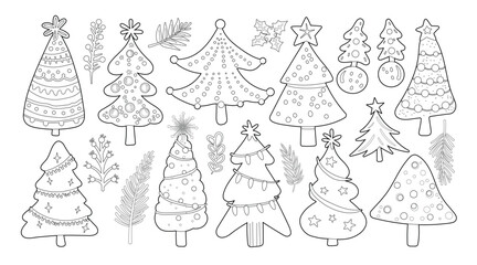 Set of isolated Christmas trees in cute doodle hand-drawn style on a transparent background. Volume 2: Black outline and white plain style.