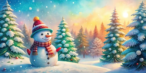 Obraz premium Charming watercolor snowman postcard background; ideal for a cozy Christmas message.