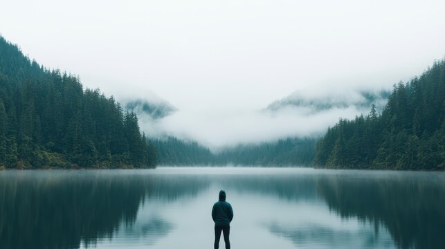 Man contemplating misty lake and forest at dawn