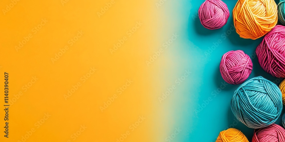 Poster brightly colored banner with empty space and vibrant yarn balls creating an artistic display