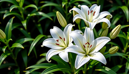 White Lily Serenity - White lilies symbolizing purity surrounded by calm greenery. background copyspace