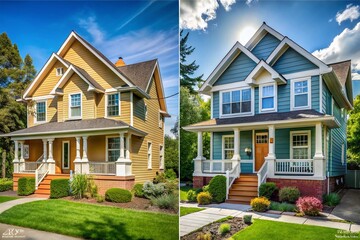 Obraz premium Exterior House Painting Maintenance: Before & After Architectural Photos - Fresh Paint, Repair, Restoration