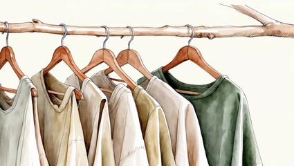 Natural materials clothes on hanger. Clothes organization