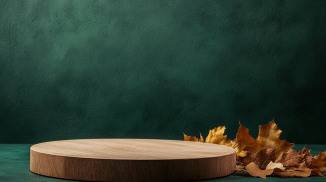 Natural wooden podium with autumn leaves on green background