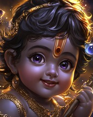 Mischievous baby krishna's adorable smile mythical realm digital art divine environment close-up playfulness
