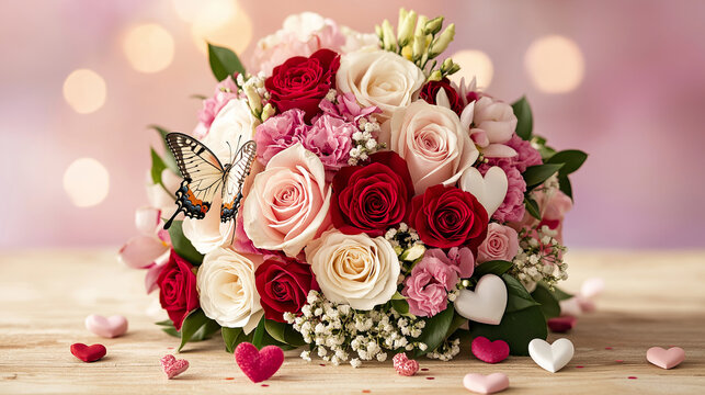 Romantic Valentine&rsquo;s Day Bouquet with Butterflies and Hearts