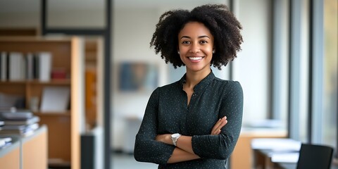 Political scientist standing proudly in a university office, exuding confidence and professionalism