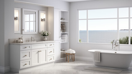 Fototapeta premium The interior of a very bright bathroom in white pastel colors with large windows overlooking nature and the sea.