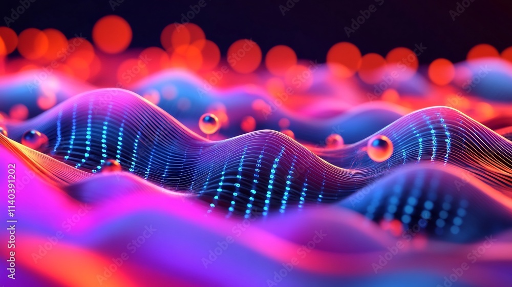 Poster futuristic quantum computing chip with glowing energy pulses and waves