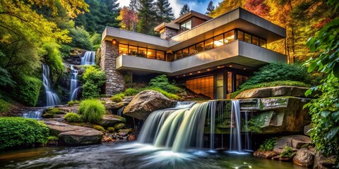 Obraz premium Falling Water Architecture Photography: Stunning Waterfall House Portraits