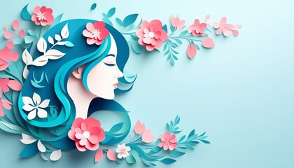 Obraz premium Elegant Paper Cut Design of a Face Surrounded by Flowers with Space for Text Celebrating International Women's Day. Created with generative AI technology