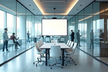 Modern meeting room with glass walls, sleek conference table, blank projector screen, and minimalist white chairs, featuring blurred figures outside, creating a bright and open atmosphere