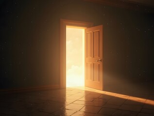 Open Door to the Cosmos: A doorway bathed in sunlight opens onto a starry sky, symbolizing opportunity, transition, and the unknown.