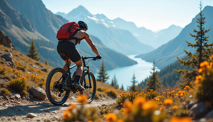 Fototapeta premium Cyclist on Mountain Trail, Surrounded by Stunning Natural Scenery