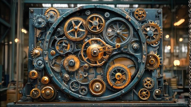 Industrial environment intricate mechanical animation of gears and clock parts