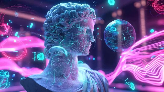 Classic Greek Bust in a Futuristic Digital World with Neon Lights