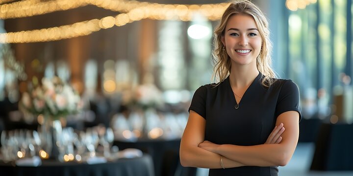 Portrait of an event coordinator standing proudly in an event venue, smiling, portrait shot, looking at the camera