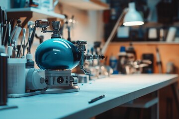 Innovative Laboratory Workspace Featuring a Blue Scientific Apparatus, Tools, and Equipment on a Clean Workbench in a Brightly Lit Environment