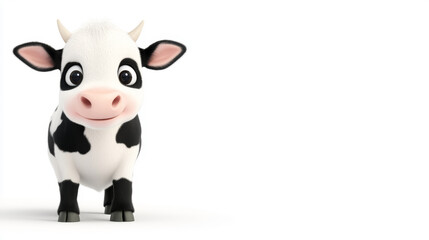 A cute, cartoon-style cow with large eyes and a cheerful expression stands against a plain background, radiating charm and playfulness.