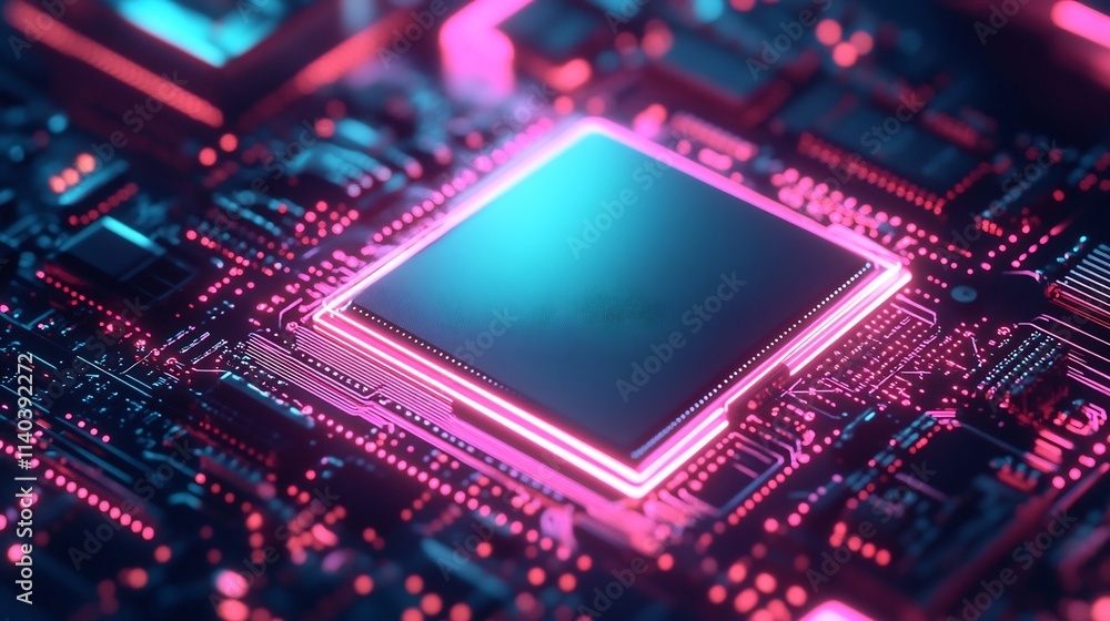 Aufkleber quantum computing chip illuminated with vibrant neon lights,symbolizing advanced technology
