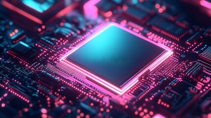 Obraz premium Quantum Computing Chip Illuminated with Vibrant Neon Lights,Symbolizing Advanced Technology