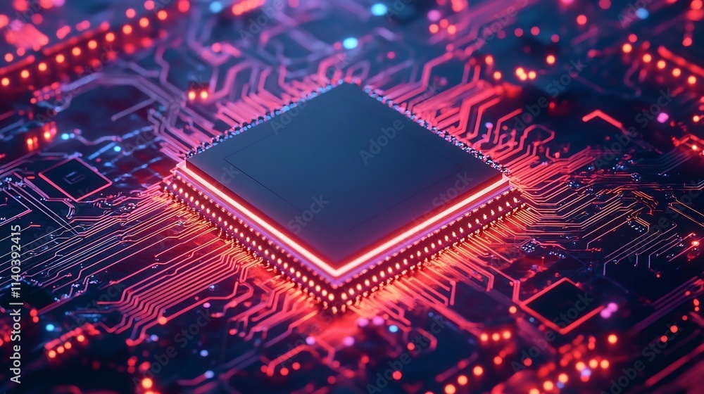 Poster glowing high-tech quantum computing chip symbolizing advancement in digital technology