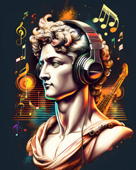 A T-shirt print featuring a Renaissance wearing DJ headphones
