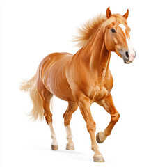 A beautiful golden horse gallops gracefully, showcasing its strength and elegance against a clean white background.