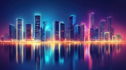 Fototapeta premium Futuristic City Skyline at Night with Bright Neon Lights and Reflections in Water, Evoking a Sense of Technology, Innovation, and Modern Architecture Aesthetic