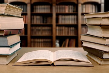 Old books set on wooden shelf.