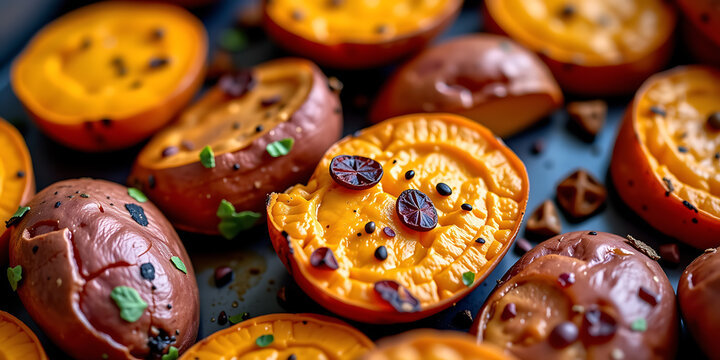 Turmeric Roasted Sweet Potatoes - Sweet potatoes roasted with turmeric and cumin for a fragrant and flavorful side dish. backdrop background digital art crisp oilpinting minimalist sharp details fun