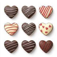 Fototapeta premium A delightful assortment of heart-shaped chocolates, beautifully decorated with various drizzles and designs, perfect for any sweet occasion.