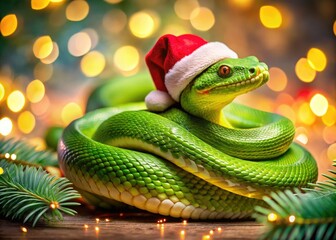 Fototapeta premium Christmas cheer meets reptile charm: a green snake's head emerges from a Santa hat in a double exposure photo.