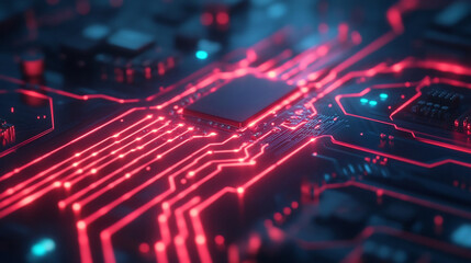 Obraz premium Quantum Chip Integrated Motherboard with Flowing Light Data Trails