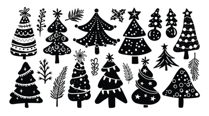 Set of isolated Christmas trees in cute doodle hand-drawn style on a transparent background. Volume 2: Black silhouette style.