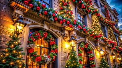 Obraz premium Festive Christmas & New Year Architectural Design Elements: Holiday Decorations, Building Facades, Winter Scenes