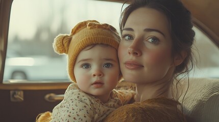 Obraz premium Mother and Baby Girl Share a Tender Moment Inside a Car