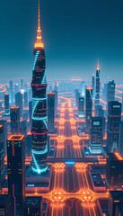 Naklejka premium AI-Driven Cityscape - A futuristic city with glowing AI infrastructure managing operations. background copyspace