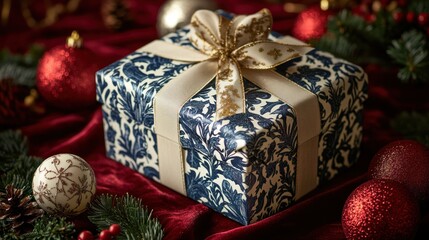 Elegant Christmas gift box with blue floral pattern and ribbon on red velvet.