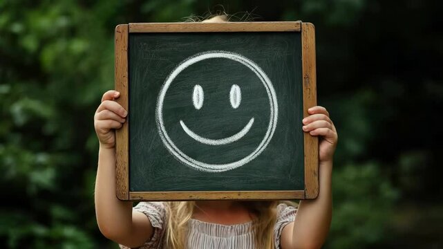 A young girl anonymously holds a chalkboard with a hand-drawn smiley face in front of her. Great image for childhood, happiness, and creativity!