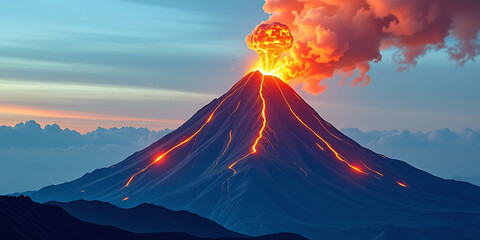 Business Volcano - A mountain erupting with glowing currency and innovation symbols. backdrop background digital art crisp oilpinting minimalist sharp details funny background copyspace