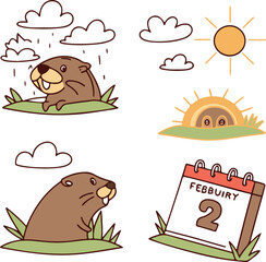 A set of Groundhog Day icons in a cute, flat vector style. Include a 
groundhog peeking out of its burrow, weather symbols like a sun and clouds, and a calendar with February 2 marked. 