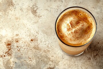 Whipped instant coffee a trendy new beverage Light backdrop one glass with room for text